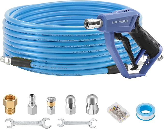 Sewer Jetter Kit for Pressure Washer, 50FT | 3600 PSI Drain Cleaning Hose, Short Pressure Washer Gun, 1/4 Inch NPT Corner, Rotating and Button Nose Sewer Jetting Nozzle