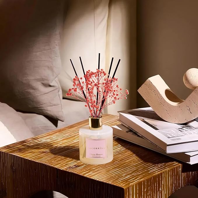 Reed Diffuser - Cherry Blossom 6.7 Fl.oz Reed Diffuser Set with Sticks & Preserved Baby's Breath, Reed Diffuser for Home Bathroom Shelf Decor