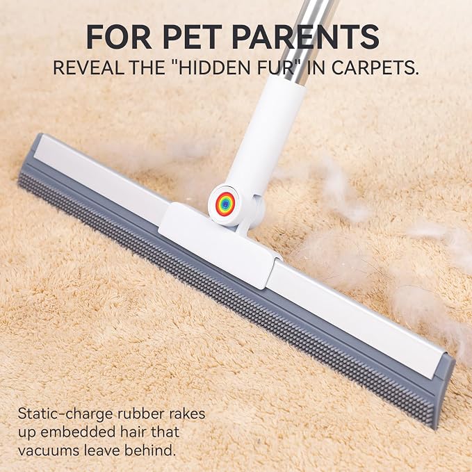 Magic Squeegee Broom for Floors, 62 in Handle, Rubber Pet Hair Remover | Works on tile, concrete, carpet and windows; includes 2 microfiber pads for wet and dry cleaning