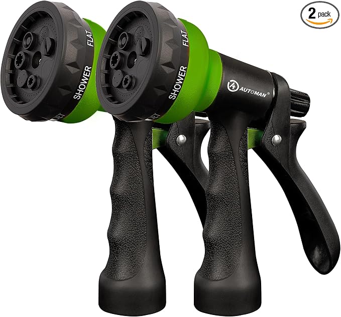 AUTOMAN-Garden-Hose-Nozzle, 2 Pack ABS Water Spray Nozzle with Heavy Duty 7 Adjustable Watering Patterns,Slip Resistant for Watering Plants,Lawn& Garden,Washing Cars,Cleaning,Showering Pets - Green