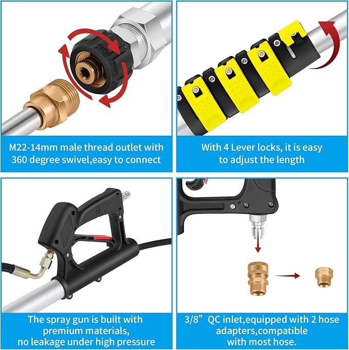 24 FT Telescoping Pressure Washer Extension Wand, Aluminum Power Washer Extension Wand with Turbo Nozzle & Brush Head, Solar Panel Cleaner Pole, 7 Nozzle Tips, 3 Adapters & Harness