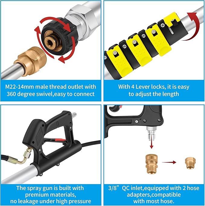 24 FT Telescoping Pressure Washer Wand Extension, Aluminum Power Washer Extension Wand with Turbo Nozzle, 5 Nozzle Tips, 2 Adapters, Harness, Gutter Cleaning Tools from The Ground