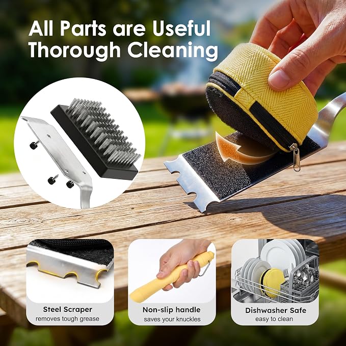 Grill Brush Bristle Free with Scraper, Safe Steam Grill Cleaner for BBQ & Griddle Fire Resistant Outdoor Grill Cleaning Brush with Replaceable Head & Long Handle, Ideal BBQ Gifts for Men Dad