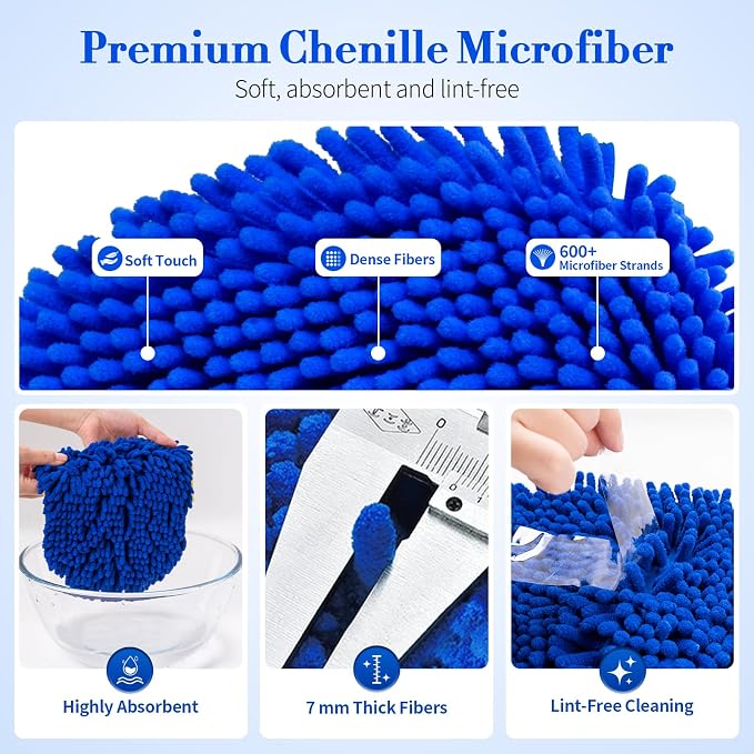 62" Car Wash Brush kit with Long Handle & 3 Scratch-Free Refill Mitt | Chenille Microfiber Car Washing Mop Head, Car Wash Stick, Car Brush Clean Kit, Car Cleaning Supplies for RV Truck Boat, Blue