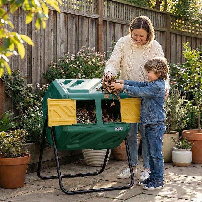 Werph 43 Gal Dual Chamber Compost Bin Tumbler for Backyard Garden, Green | Dual-chamber Design, 360° Rotating Tumbling, BPA-free Materials, Pre-assembled Parts, for Garden, Kitchen & Yard Waste