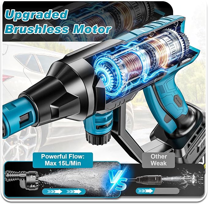 Cordless Portable Washer, Brushless Motor, 4 Speed Modes, 6-in-1 Swivel Nozzle, 2 x 4.0 Ah Batteries, 5 m Hose, Lightweight Handheld Car Washer for Home, Garden