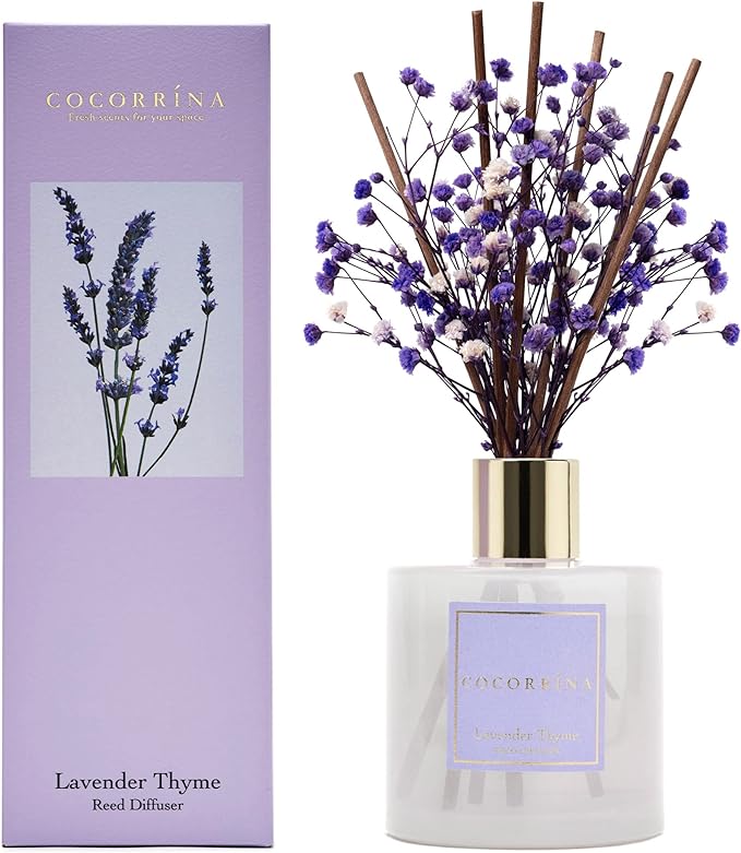 Premium Reed Diffuser Set with Preserved Baby's Breath & Cotton Stick Lavender Thyme | 6.76 Fl.oz Scent Diffuser for Bedroom Bathroom Home Décor