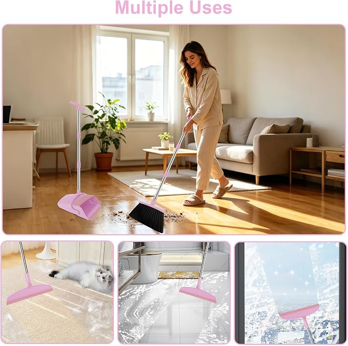 Broom and Dustpan Combo Set, 52" Long Handle with Squeegee & Mini Set | Pink Complete Cleaning Kit, Built-in Comb Dustpan, Floor Squeegee for Wet & Dry Messes, Mini Broom Set，for Home & Pet Areas