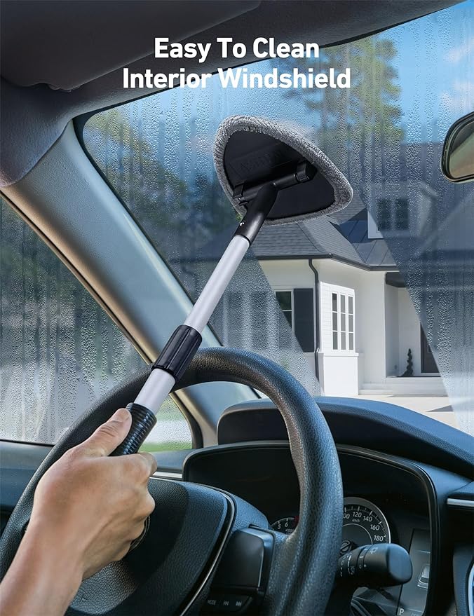 AstroAI 26" Super-Long Windshield Cleaner Tool & Car Interior Detailing Kit | Extendable Handle, 4 Reusable Microfiber Pads, Streak & Lint-free, Auto Glass Wiper Brush for Car & Home, Gray