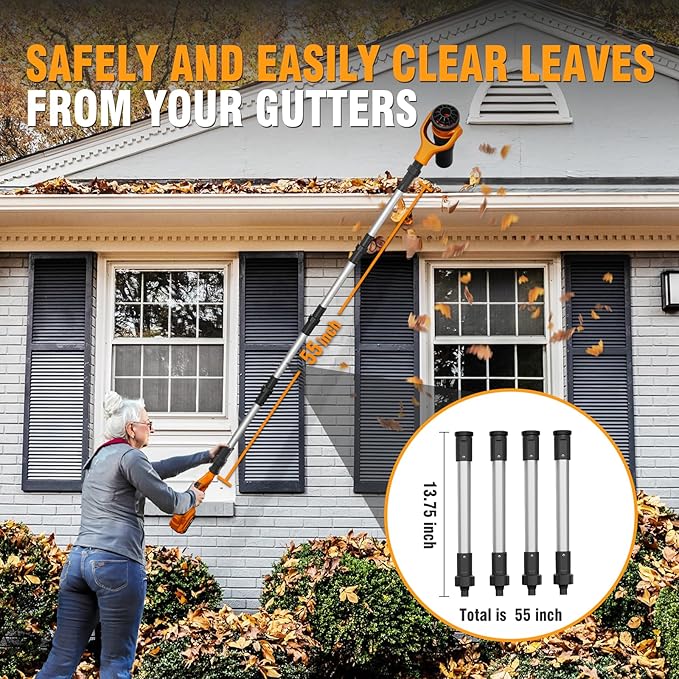 Alloyman Roof Gutter Cleaning from The Ground,40V Cordless Leaf Blowers | 55" extension pole, brushless motor,580CFM/180MPH,270° nozzle clean roof gutters safely from the ground with 2 batteries