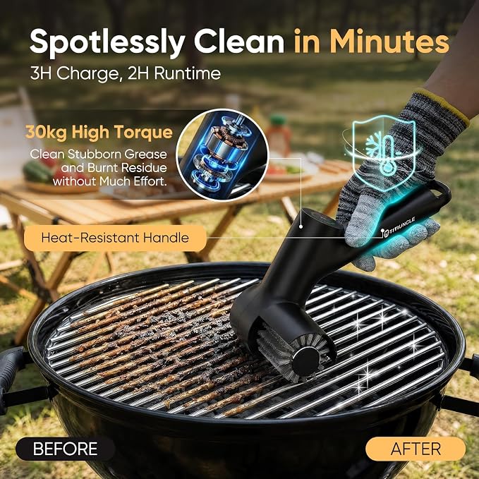 Electric Grill Cleaner Brush for Outdoor Grill with SS Rotary Head, 3 Speed | Portable BBQ Grill Cleaning Brush, 500RPM Motor| 120Mins Runtime|No Bristle Shedding|Replaceable Brush Set, Gifts for Men/Dad