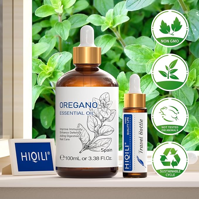 HIQILI Oregano Essential Oil for Diffuser,Skin & Home Cleaning | for Aromatherapy Diffuser,Skin Care,Household Cleaning, Large Capacity for Home Use - 100mL/3.38 fl oz