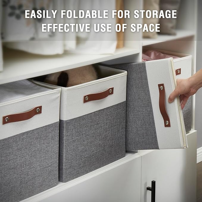 Collapsible Fabric Storage Cube Bins with 2 Reinforced PU Handles, Foldable Storage Organizer Baskets for Closet, Shelves, Living Room | 13"x13"x13", 4 Pack, Gray & White