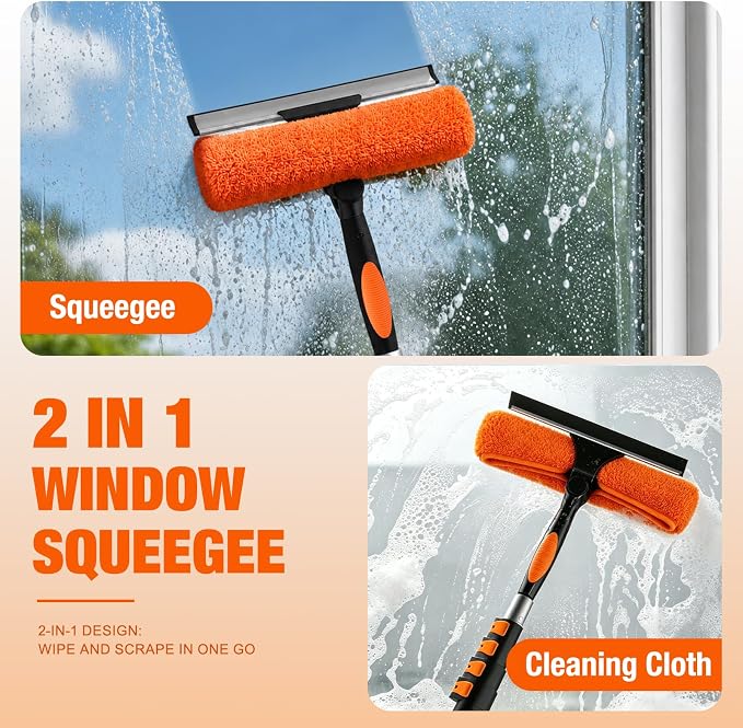 26FT Window Squeegee with Extension Pole, 2-in-1 Squeegee for Window Cleaning, Professional Cleaning Kit for Home with 20FT Telescoping Pole for Outdoor Indoor Use