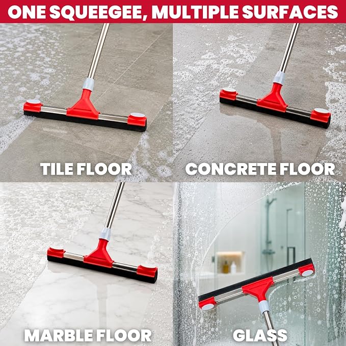 Floor Squeegee Scrubber with Extendable 62" Long Handle | 17.3" EVA Foam Blade, Reinforced Steel Frame for Garage, Concrete, Tile, Patio, Pool, Shower & Uneven Surface Cleaning