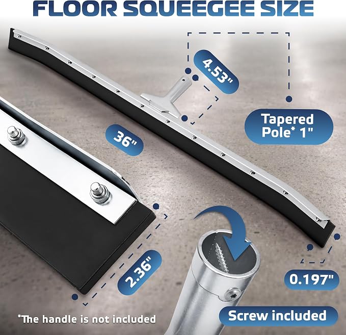Curved Floor Squeegee 36’’, Rubber Blade Garage Squeegee, Taper Pole Connection - Handle Sold Separately for Tiles, Concrete and Asphalt