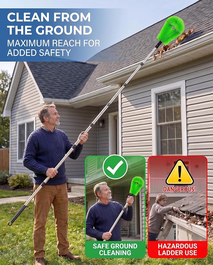 12.7 FT Gutter Cleaning Tools from The Ground with 2Pcs Nylon Brush Stainless Steel Telescopic Pole Adjustable Gutter Cleaner Tools No Ladder Needed for Easy Remove (Green)