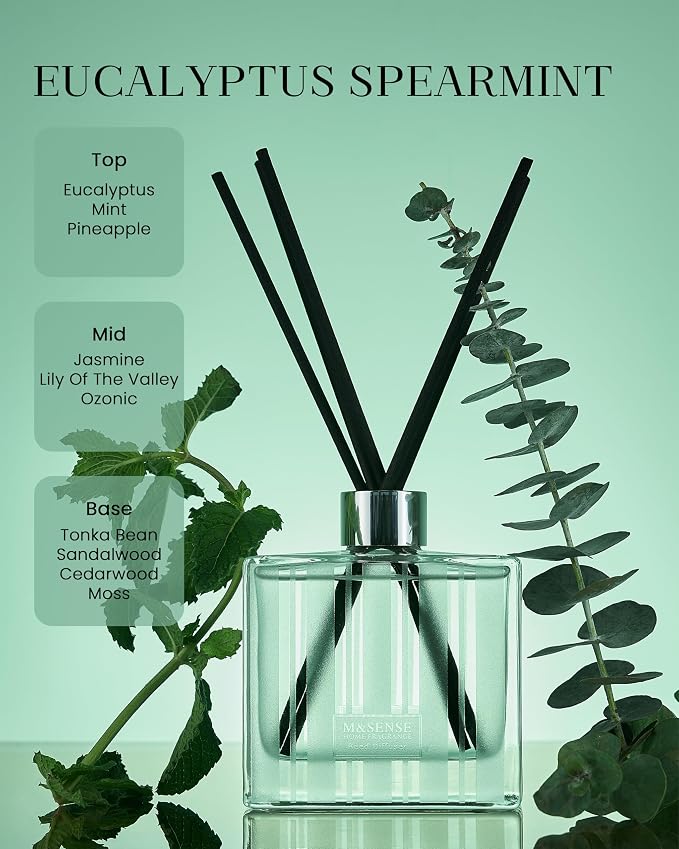 M&SENSE Reed Diffuser, Eucalyptus Spearmint, 7.04 oz Natural Essential Oil | Non-Toxic Organic, Long-Lasting Fragrance, Ideal for Home Gym Bathroom, Gifts for Women