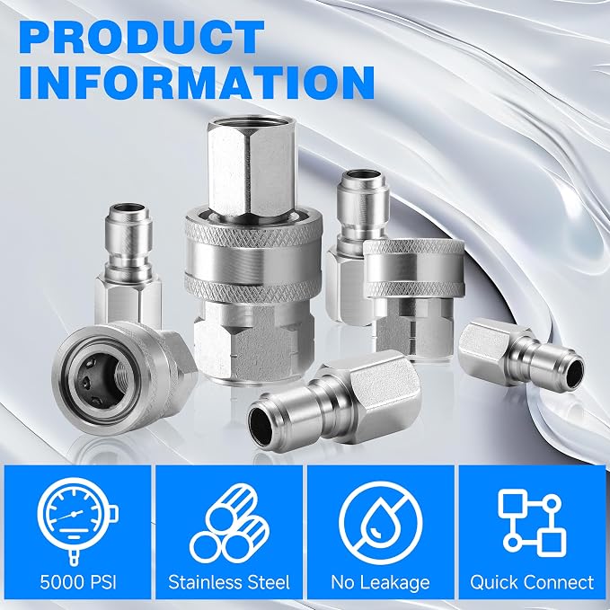 3/8 Inch NPT Pressure Washer Adapter Set, Quick Connector 12-Piece | Stainless Steel Female Thread Quick Connect Hose Fittings, 5000 PSI, Internal Thread Quick Connector Kit