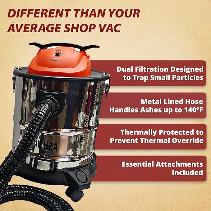 Pellethead Ash Vault Pro 10-Amp Ash Vacuum, 5-Gal, Dual HEPA | 10-amp ash vacuum with 5-gallon steel tank, Dual HEPA filtration and heat-resistant hose, For fireplaces, stoves, and BBQs