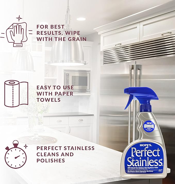 HOPE'S Perfect Stainless Steel Cleaner and Polish with Microfiber Cloth, 22-Ounce, Streak-Free Self-Polishing Formula, Blocks Fingerprints, 1 Pack with Microfiber Cloth