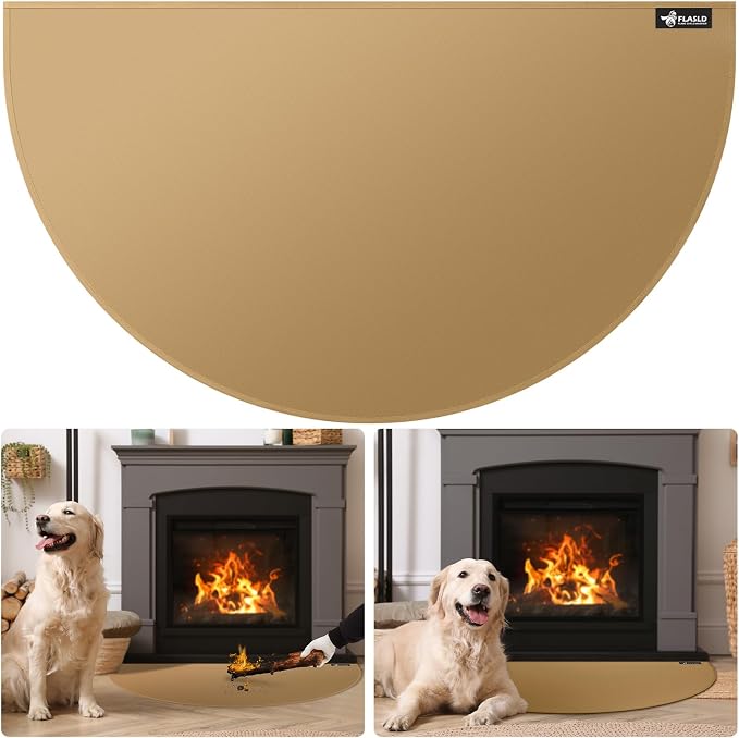 FLASLD Fireproof Fireplace Hearth Mat 24×42Inch Half Round Hearth Rug Protects Floors from Sparks Embers, Brown