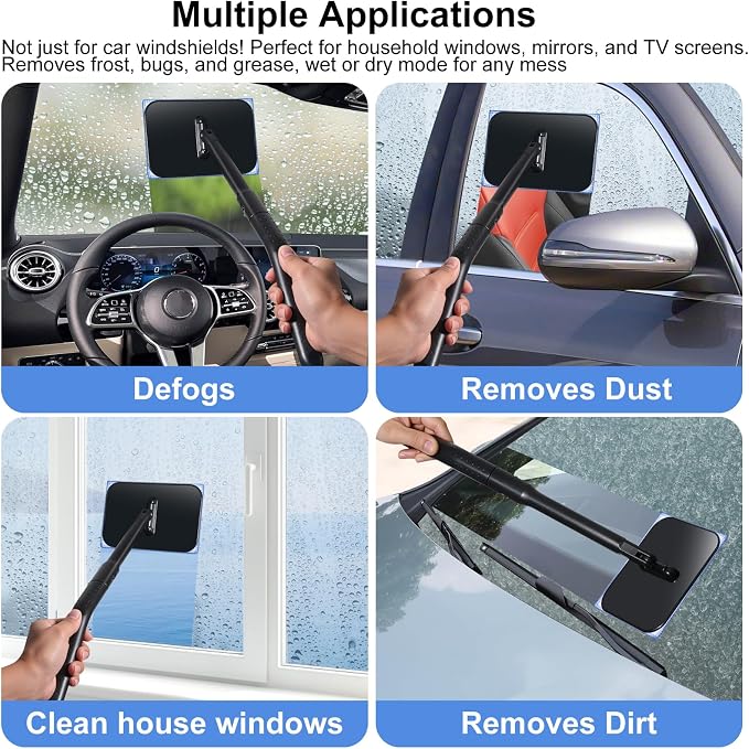 Windshield Cleaner Tool, Windshield Cleaning Wand Auto Window Cleaner Kit with Detachable Handle, 4 Microfiber Velcro Stick Pads and 1 Spray Bottle, Glass Wiper Kit for Windshield,Trucks,SUVs,RVs,Home