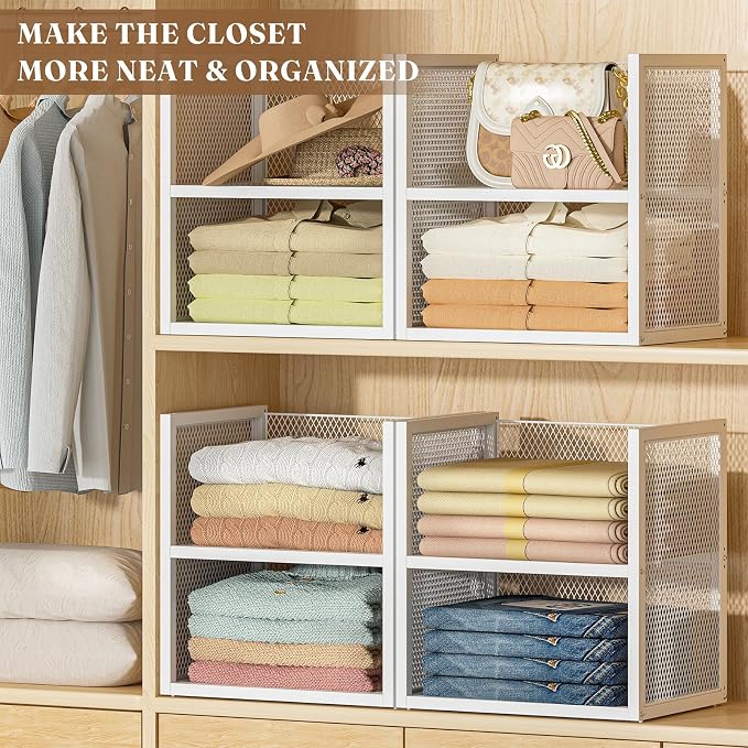 DAOUTIME 6-Tier Stackable Closet Organizers and Storage Basket, Wire Closet Shelf Organizer, Sweater Storage Oragnizer Bins, Multifunctional Clothes Storage Drawer Organizer for Wardrobe, White