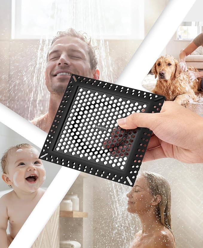 Square Shower Drain Hair Catcher, Flat Shower Drain Hair Catcher, Anti-Clogging Fast Drainage, Anti-Slip, Easy Clean Fits Bathroom Hair Catcher for Shower (Matte Black, 4 inch)