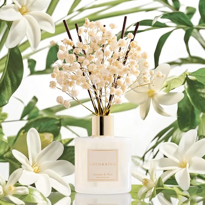 Reed Diffuser - Jasmine & Mint 6.7 Fl.oz Reed Diffuser Set with Sticks & Preserved Baby's Breath, Reed Diffuser for Home Bathroom Shelf Decor
