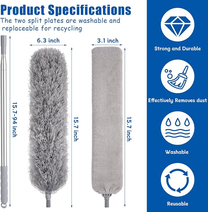 Feather Duster Set (4 Pieces), 30-100 inch Microfiber Retractable Gap Duster for Cleaning Ceilings, Furniture Refrigerators and Under Sofas | Bendable Head for Corner Cleaning, Washable Reusable Duster, Household Tool for Ceiling Furniture Under Sofa