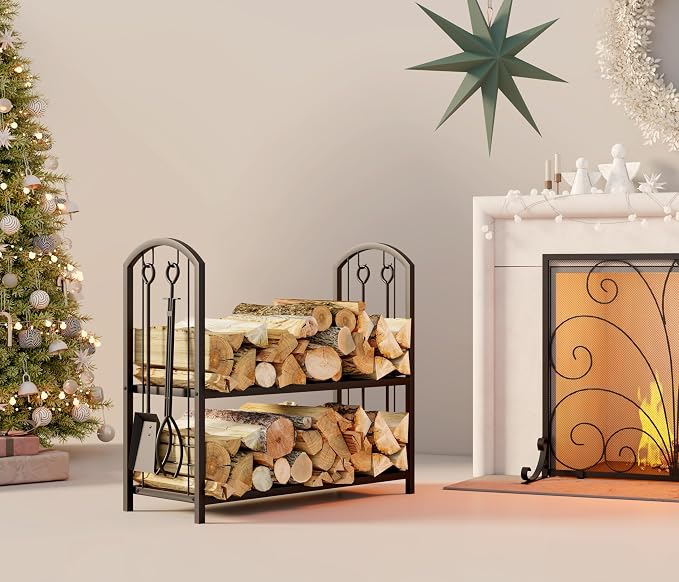 Fire Beauty Fireplace Firewood Log Rack 5-Piece Storage Logs Holder with Tools Set with 4 Tools Set Fireside Holders Wood Lumber Storage Stacking Black