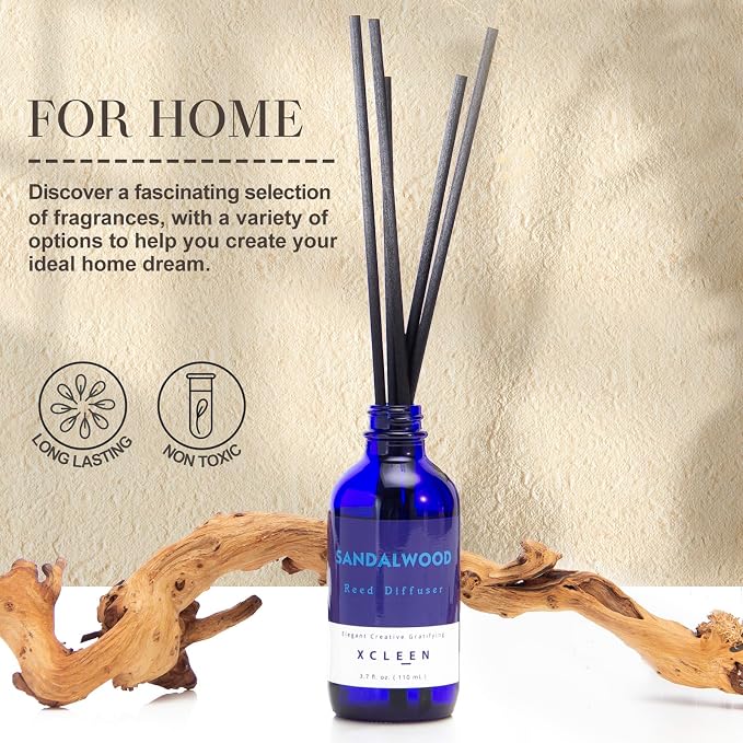 Xcleen Reed Diffuser Set with Sticks, Sandalwood Scented Oil Diffuser for Bathroom, Room Fresheners, Home Fragrance Bedroom Office Decor & Gift