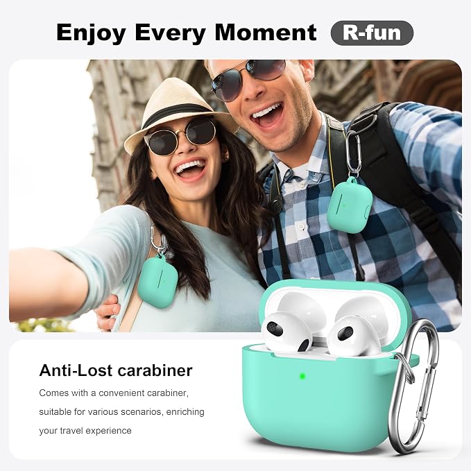 R-fun Compatible with AirPods 3 Case Cover, Silicone Protective Accessories Skin with Keychain Compatible with Apple AirPod 3rd Generation 2021 for Women Men Girls Boys,Front LED Visible,Mint Green