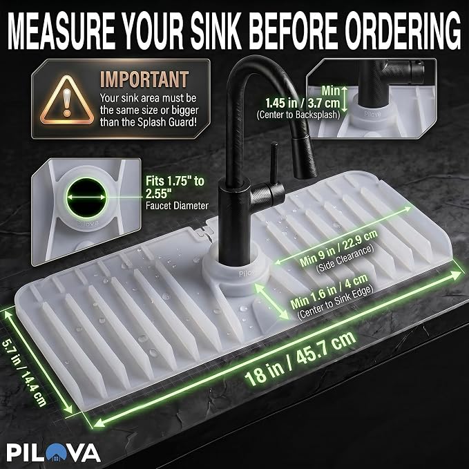 Premium Kitchen Sink Splash Guard – 18" x 5.7" Silicone Faucet Mat with Secure Pressure Clip, True 10° 3D Drainage(No Pooling), Anti-Lift Design, Flexible Leak-Sealing Ring, Non-Slip Fit Behind Faucet