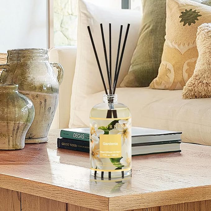 Reed Diffuser Refill Gardenia 17oz (500ml) with 8 Sticks - Premium Long-Lasting Scented Oil, Home Fragrance for Bedroom, Bathroom Home Decor