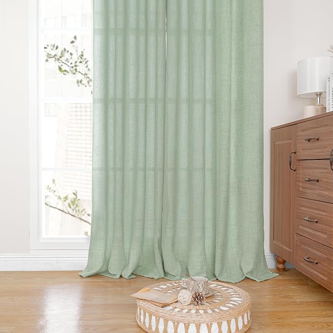YoungsTex Sage Green Curtains 72 Inch Length for Living Room, Semi Sheer Linen Drapes Light Filtering with Back Tab Rod Pocket for Bedroom Farmhouse Spring Decor, 42 X 72 Inch, 2 Panels