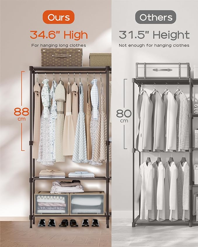 Clothes Rack, Portable Closet, 44.9 Inch Large Capacity Wardrobe Closet, Clothes Storage Organizer with Shelves and 2 Hanging Rods, Easy to Assembly, Black PCT021B01