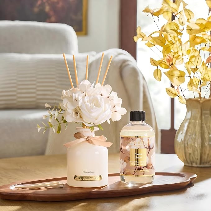 Reed Diffuser Refill Clean Linen 10.14oz (300ml) with 8 Sticks - Premium Long-Lasting Floral Essential Oil, Home Fragrance for Bedroom, Bathroom Home Decor