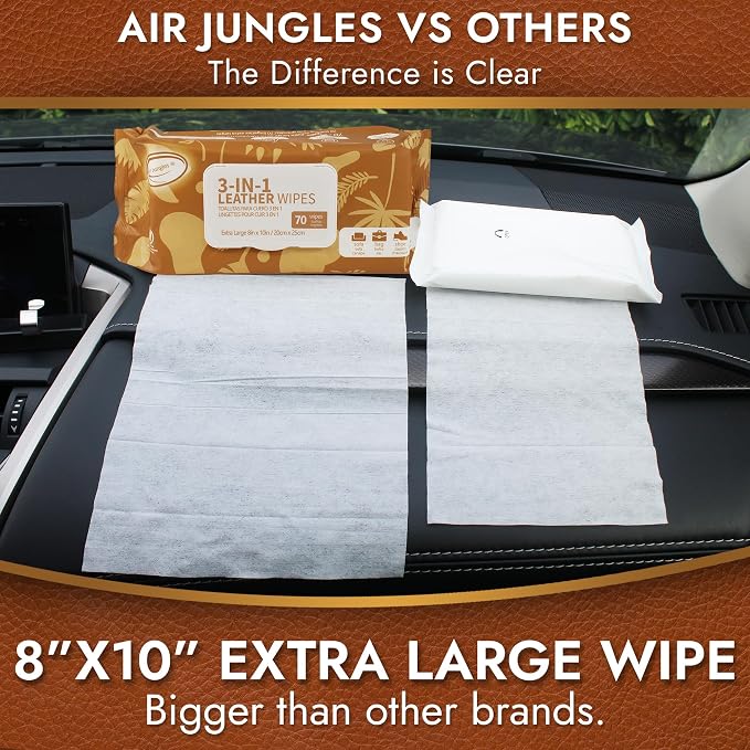 Air Jungles 3in1 Leather Cleaner Wipes 70 Count, Extra Large 8" x 10" Size | Clean Condition Protect Wipes for Vinyl and Leather Apparel Furniture Auto Car Interior Shoes Boots Bags