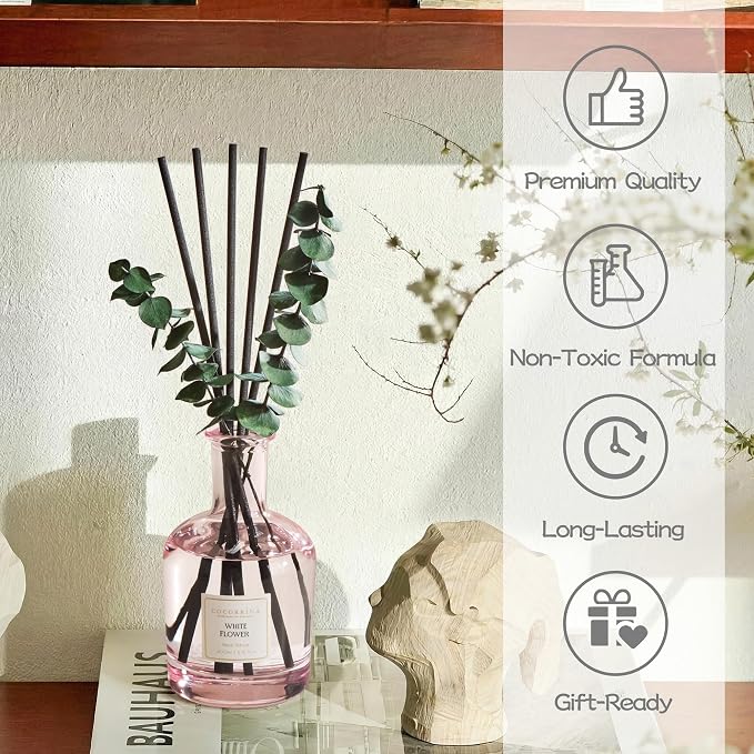 White Flower Reed Diffuser, 6.76 oz | Real Dried Eucalyptus Leaves, 8 Reeds, Long-Lasting Essential Oil, Home Fragrance, Bedroom or Bathroom Décor