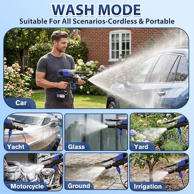 Cordless Pressure Washer, Multifunctional Power Washer for Wash,Blow,Vacuum | Portable Pressure Washer with 2*21V Batteries, 5-in-1 Nozzle, Battery Powered Pressure Washer for Car, Patio & Home Cleaning
