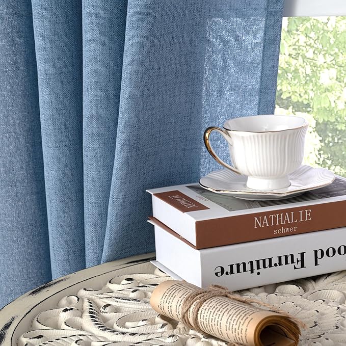 YoungsTex Denim Blue Short Linen Curtains 45 Inches Length for Kitchen, Light Filtering Semi Sheer Drapes with Rod Pocket Back Tab for Bedroom Cafe Small Window Privacy, 42 x 45 Inch, 2 Panels