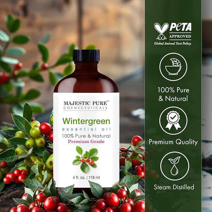 Majestic Pure Wintergreen Essential Oil for Diffuser - 4 Fl Oz | 100% Natural Essentials Oils for Aromatherapy, Massage, candle making, soap making and custom essential oil blends