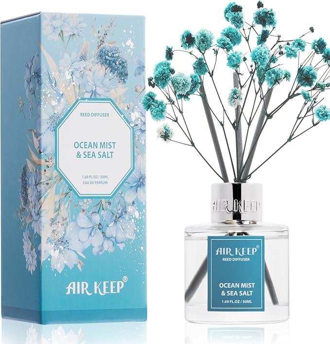 Reed Diffuser Set,1.69 fl oz (50 ml) - Ocean Mist&Sea Salt Oil Diffusers with 8 Reed Sticks,Home Fragrance Reed Diffuser for Bathroom Shelf DecorSALT