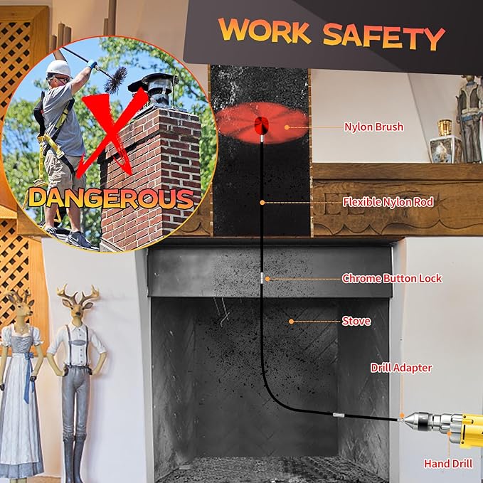 46 Feet Chimney Sweep Kit, Chimney Cleaning Kit with 14 Flexible Black Chimney Rods, Chimney Brush, Rotary Chimney Cleaning System Driven by Drill for Sweeping Fireplace