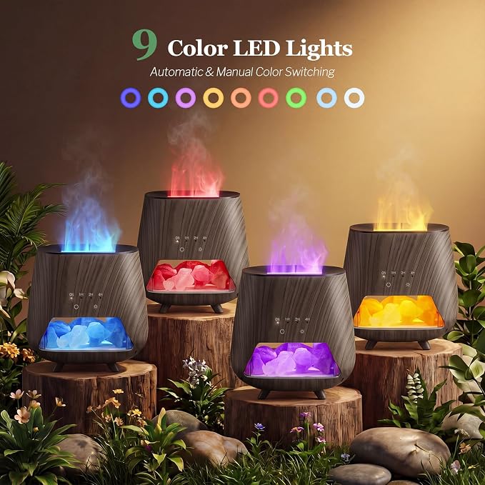 Essential Oil Diffuser for Home: 𝟒-in-𝟏 Himalayan Salt Lamp(Black) | Aromatherapy Diffuser with 𝟗-𝐂𝐨𝐥𝐨𝐫 Flame LED - 200ml Cool Mist Humidifier - Auto Off for Bedroom, Office & Yoga