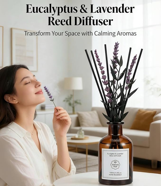 Eucalyptus & Lavender Reed Diffuser, 3.34 Fl Oz | Calming Scent; Long-lasting for 12 Weeks for Bedroom, Bathroom, Living Room or Office; Gift-ready.