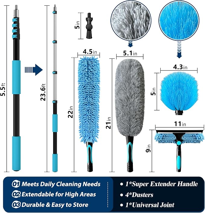 COVERONICS 30FT High Duster Cleaning Tools with 6-24FT Extension Poles | Reusable Fan Duster Cleaning Kits with Ceiling Fan Cleaner Duster, Window Squeegee, Microfiber Feather Duster & Cobweb Duster