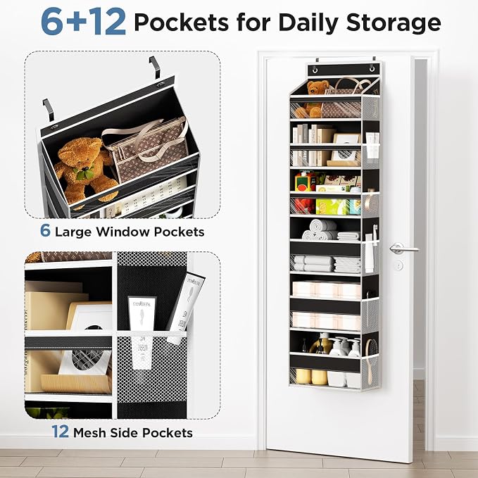 6 Tiers Over The Door Organizer, Behind The Door Storage Hanging Shelves | Heavy Duty Hanging Organizer Storage with Large Capacity Pockets for Closet Wall Bathroom Bedroom Nursery Pantry, 1 Black